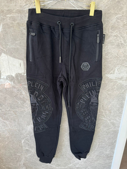 Philipp Plein black embroidered sweatpants with signature skull and logo detailing