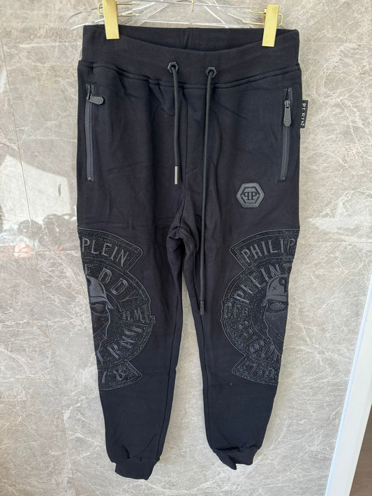 Philipp Plein black embroidered sweatpants with signature skull and logo detailing