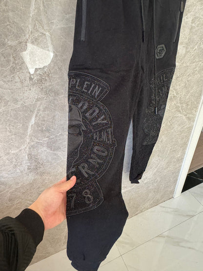 Philipp Plein black embroidered sweatpants with signature skull and logo detailing