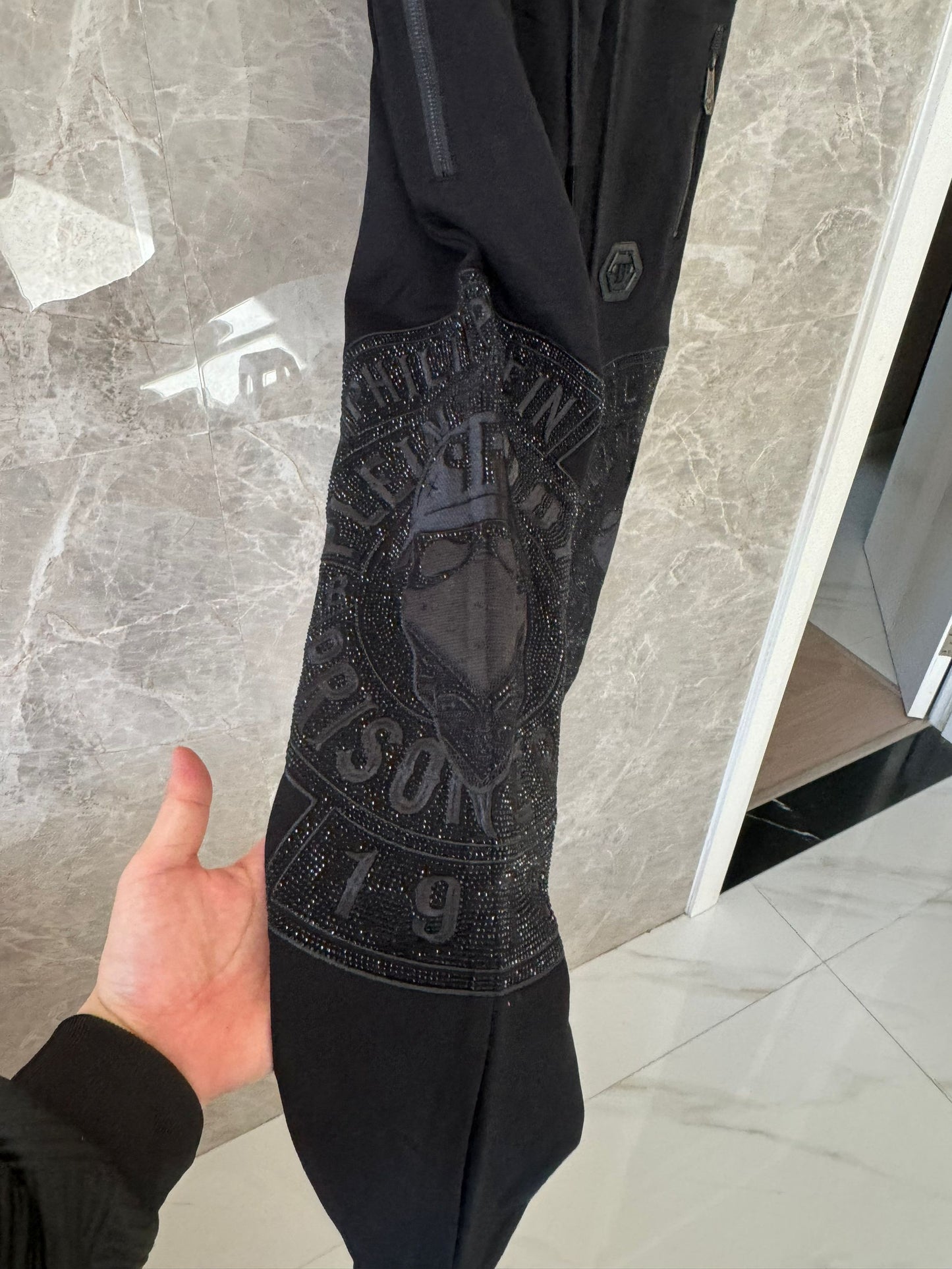 Philipp Plein black embroidered sweatpants with signature skull and logo detailing