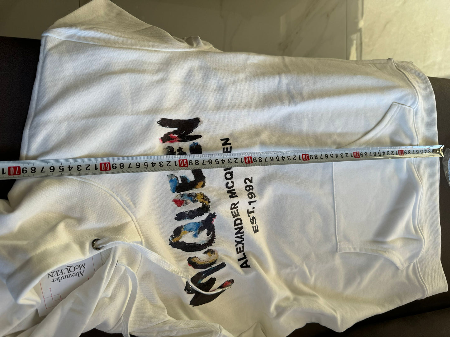 Alexander McQueen White Distressed Logo Hoodie with Color Accents