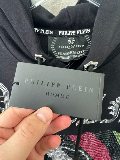 Philipp Plein black skull & crossbones hoodie with colorful stripes and rhinestones
