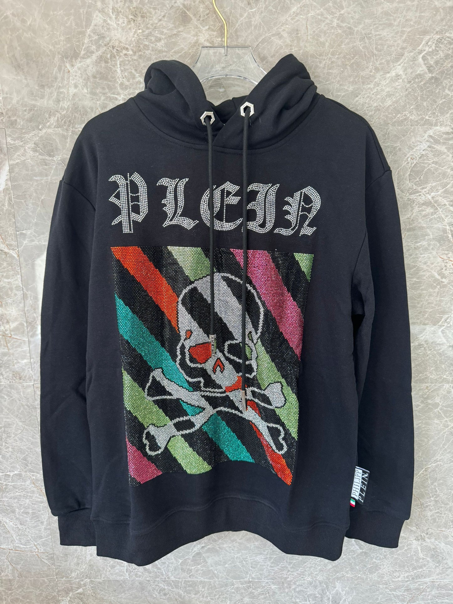 Philipp Plein black skull & crossbones hoodie with colorful stripes and rhinestones