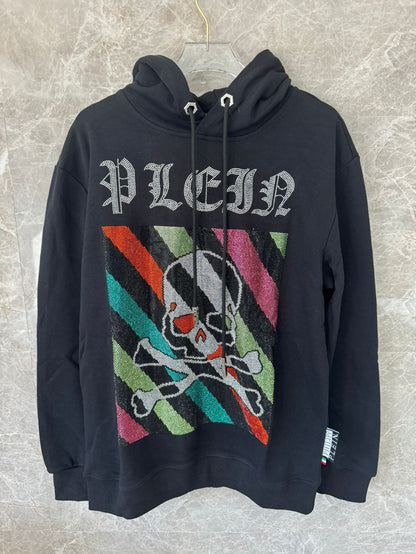 Philipp Plein black skull & crossbones hoodie with colorful stripes and rhinestones
