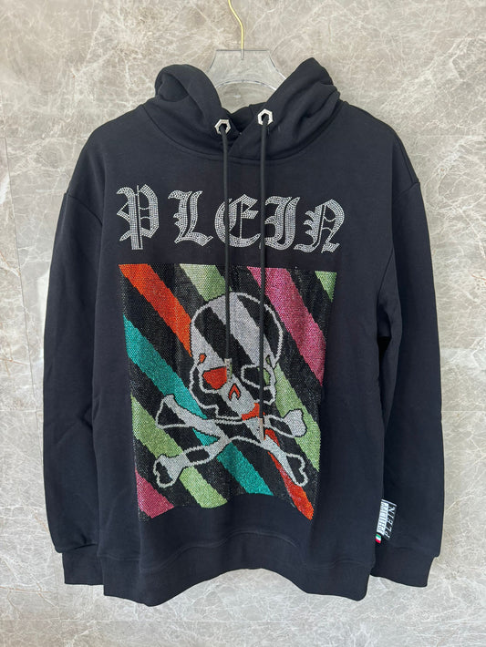 Moletom com capuz Philipp Plein com caveira e ossos cruzados pretos, listras coloridas e strass