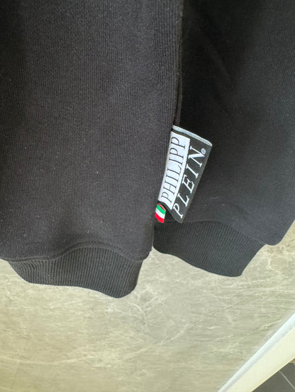 Philipp Plein black skull & crossbones hoodie with colorful stripes and rhinestones