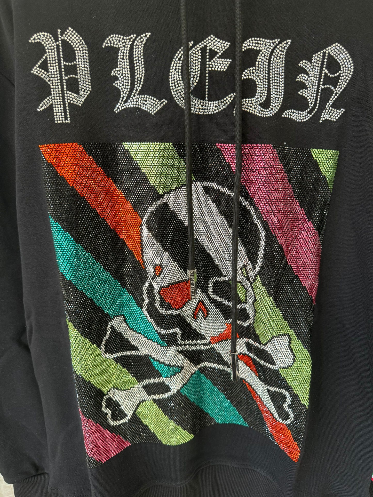 Philipp Plein black skull & crossbones hoodie with colorful stripes and rhinestones