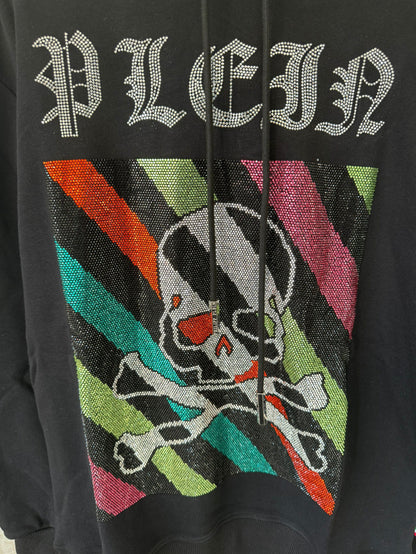 Philipp Plein black skull & crossbones hoodie with colorful stripes and rhinestones