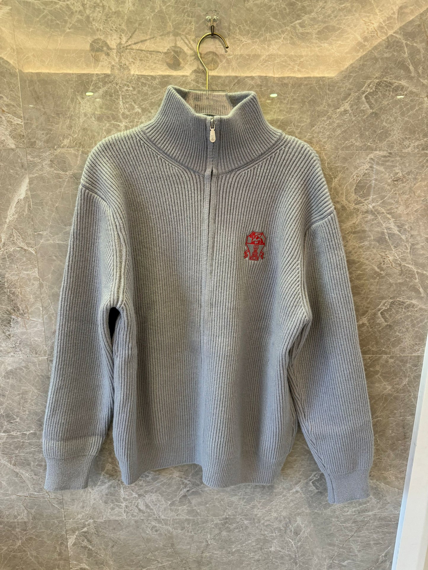 Brunello Cucinelli Zip Ribbed Knit Sweater - Light Grey