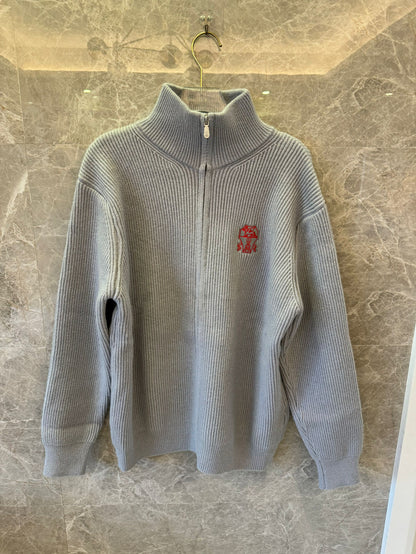 Brunello Cucinelli Zip Ribbed Knit Sweater - Light Grey