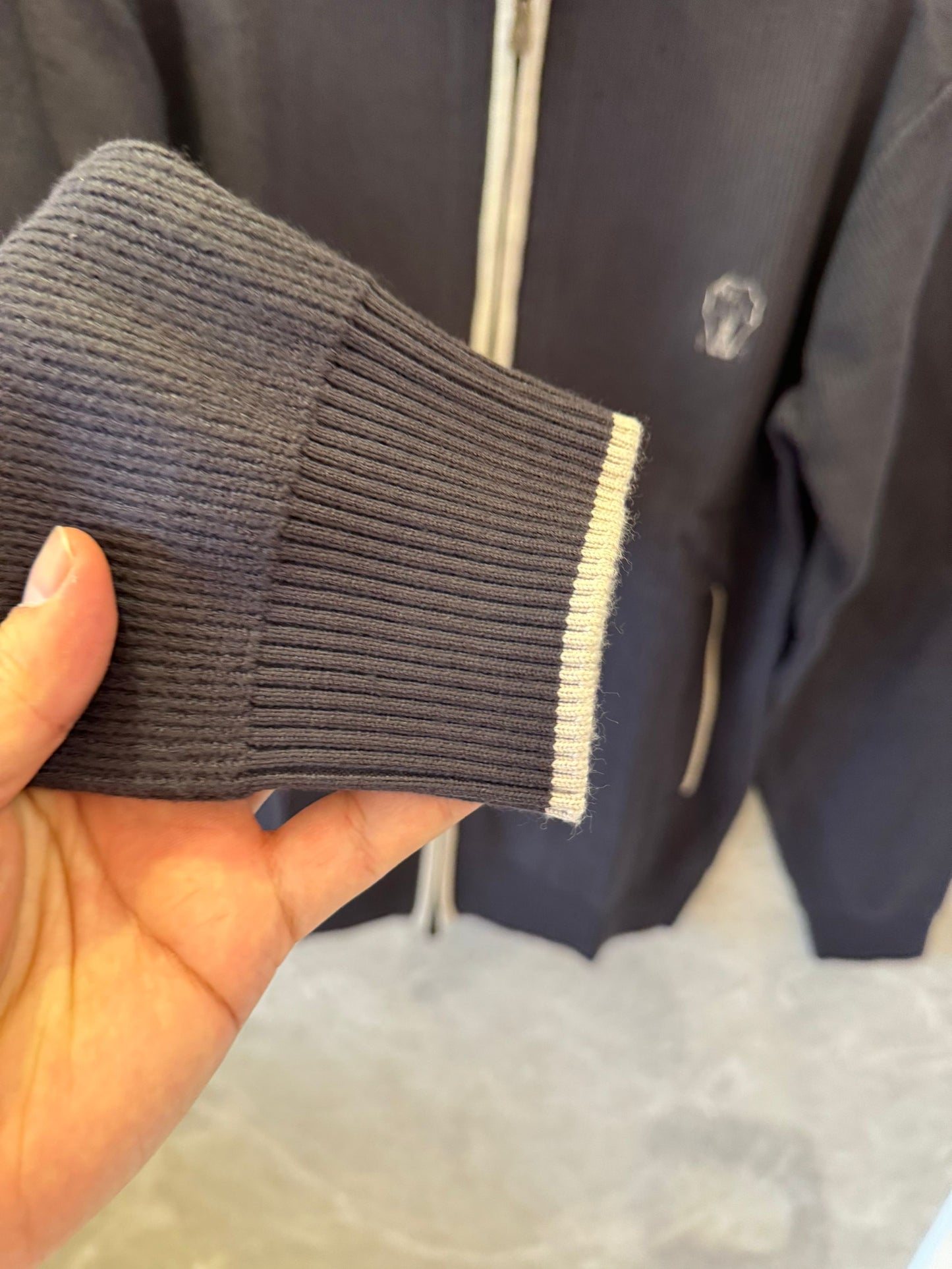 Brunello Cucinelli Navy Blue Ribbed Knit Full-Zip Cardigan