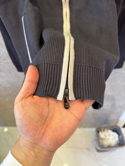 Brunello Cucinelli Navy Blue Ribbed Knit Full-Zip Cardigan