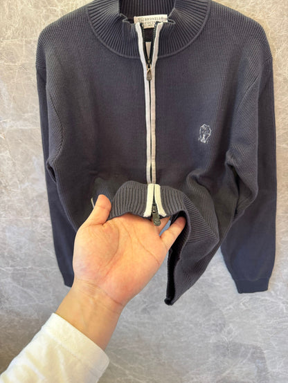 Brunello Cucinelli Navy Blue Ribbed Knit Full-Zip Cardigan