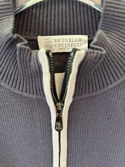 Brunello Cucinelli Navy Blue Ribbed Knit Full-Zip Cardigan