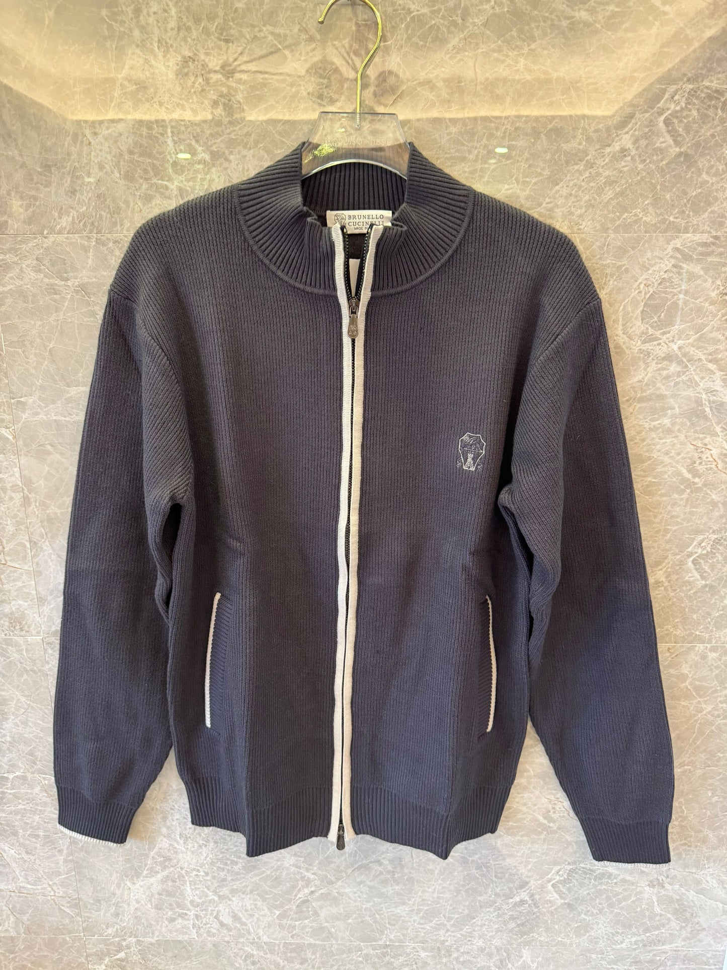 Brunello Cucinelli Navy Blue Ribbed Knit Full-Zip Cardigan