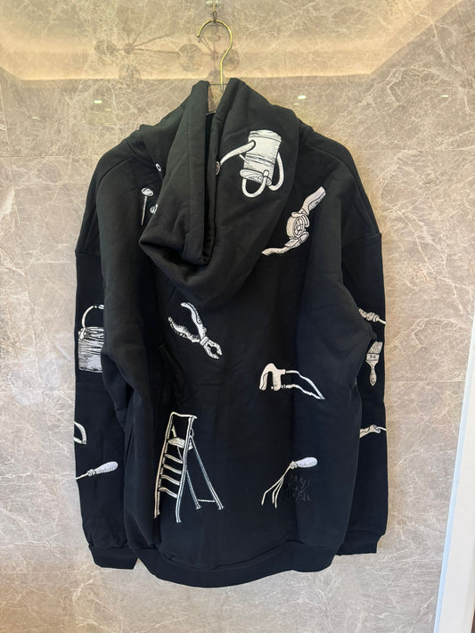 Sudadera con capucha extragrande negra de Louis Vuitton con bordado artístico de herramientas