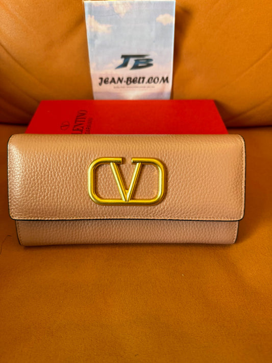 Valentino Garavani vlogo signature long Wallet – nude beige leather with gold-tone hardware