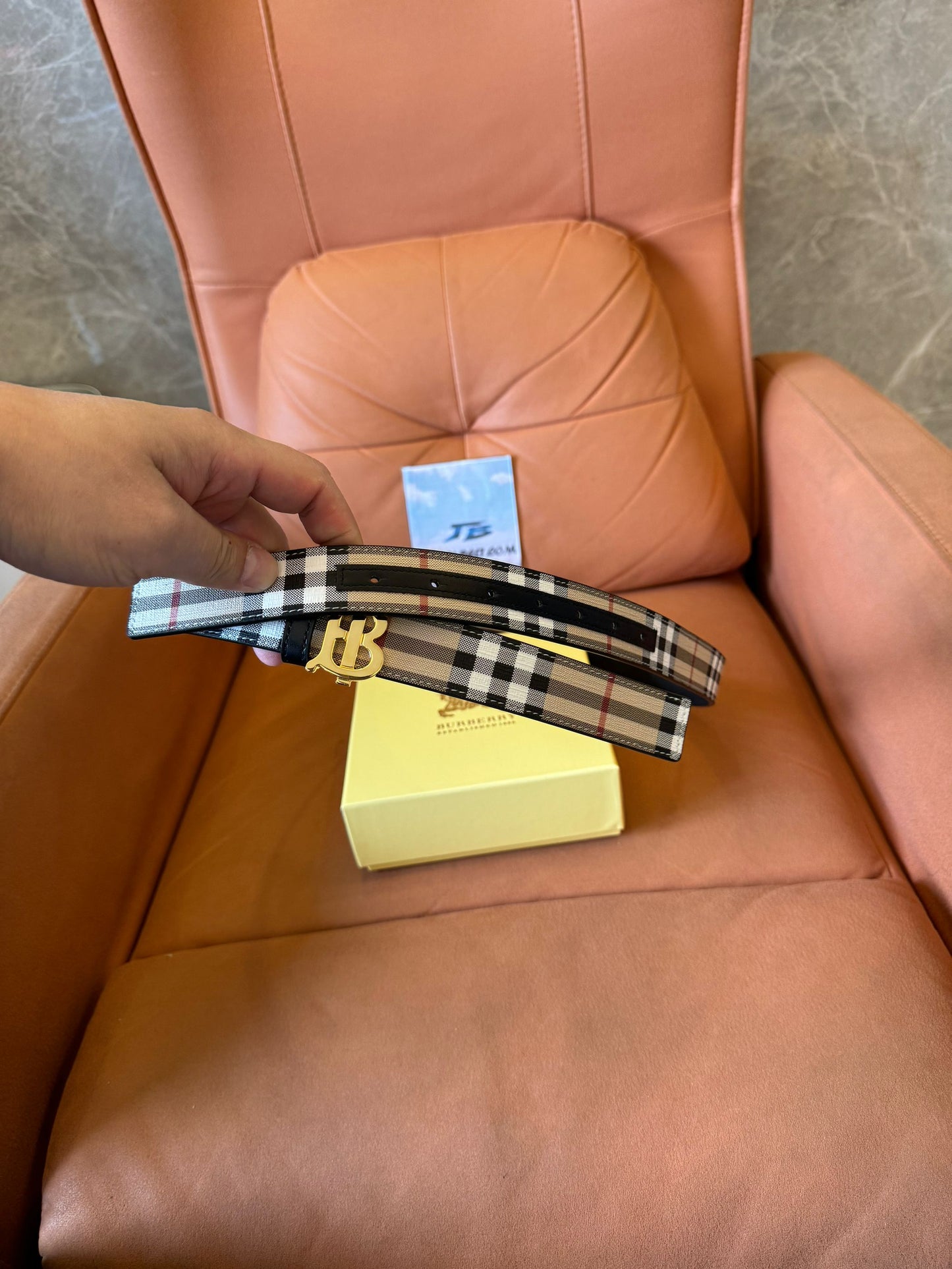 Burberry Vintage Check Canvas Belt with Gold TB Logo