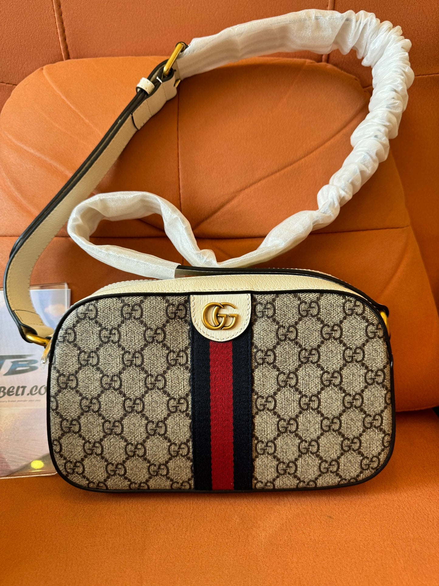 Sac photo Gucci gg supreme monogram en cuir de veau texturé petit ophidia beige ébène