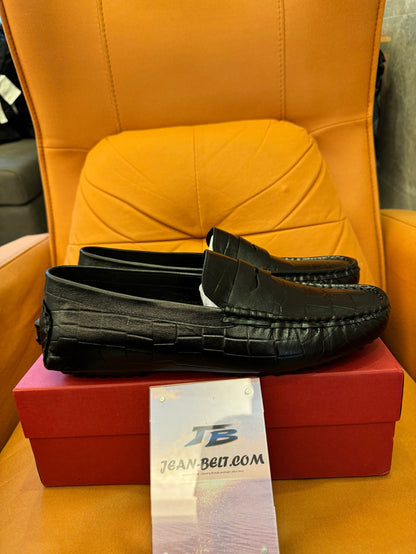 Salvatore Ferragamo men's black leather penny loafers with croc embossed design
