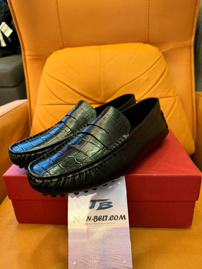 Salvatore Ferragamo men's black leather penny loafers with croc embossed design