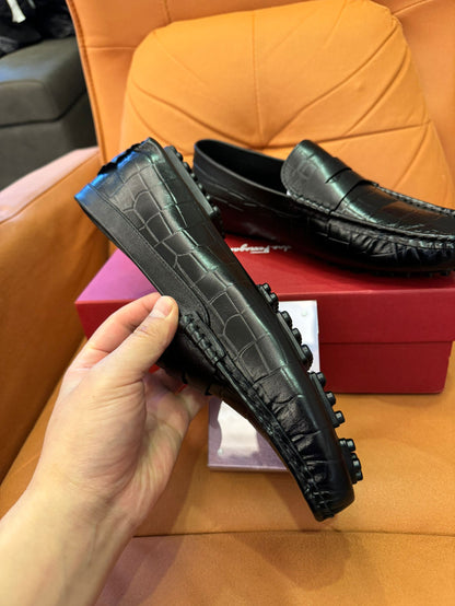 Salvatore Ferragamo men's black leather penny loafers with croc embossed design