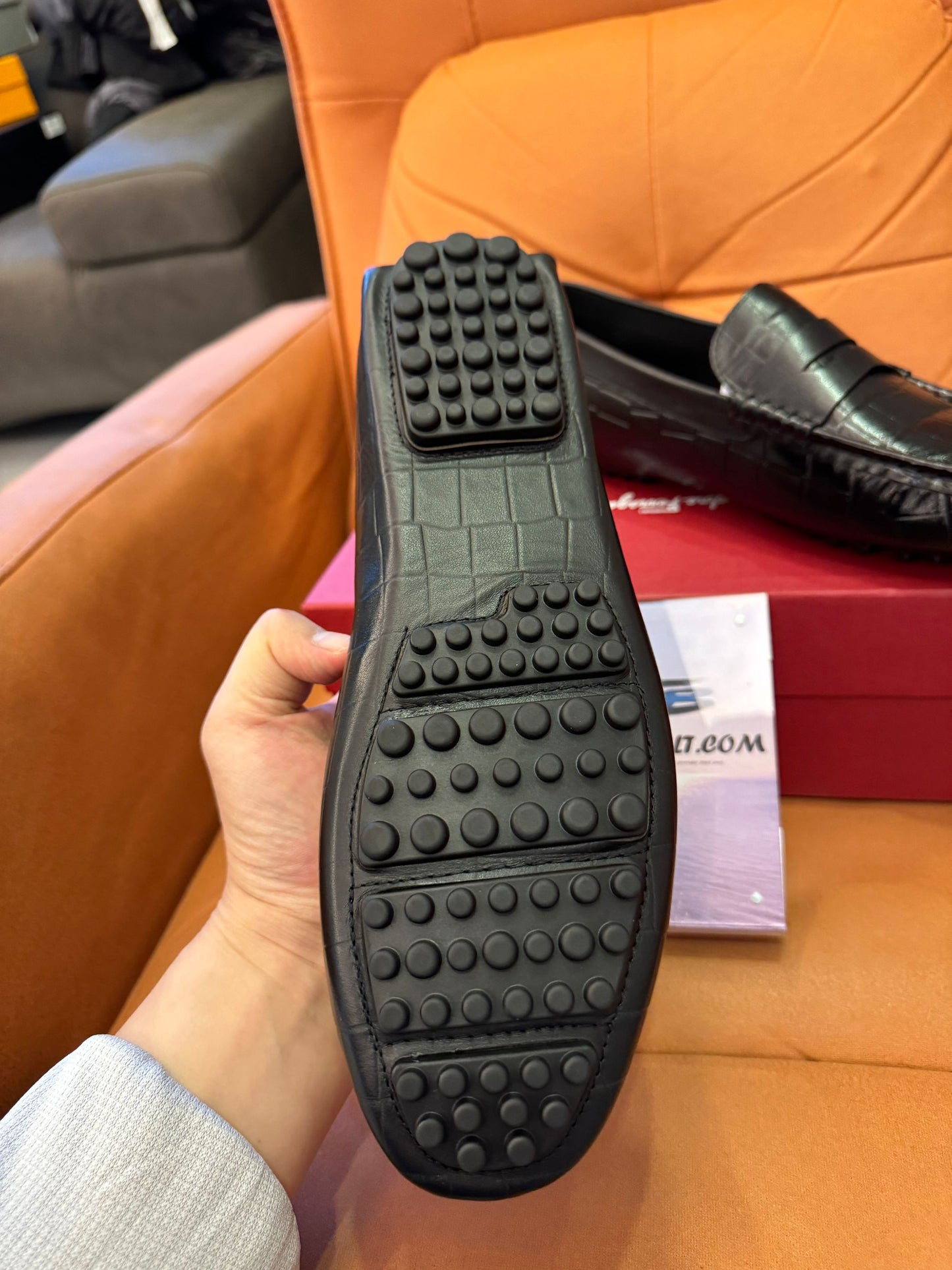 Salvatore Ferragamo men's black leather penny loafers with croc embossed design