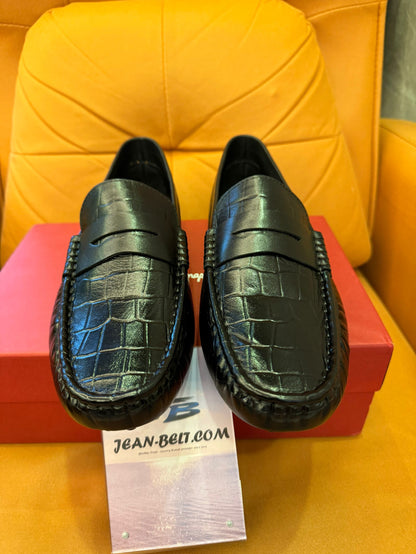Salvatore Ferragamo men's black leather penny loafers with croc embossed design