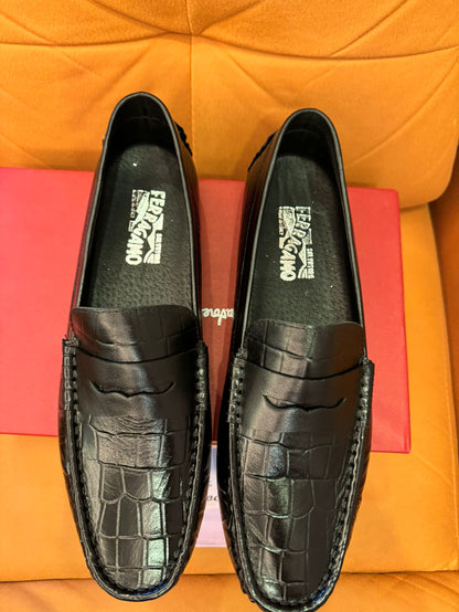 Salvatore Ferragamo men's black leather penny loafers with croc embossed design