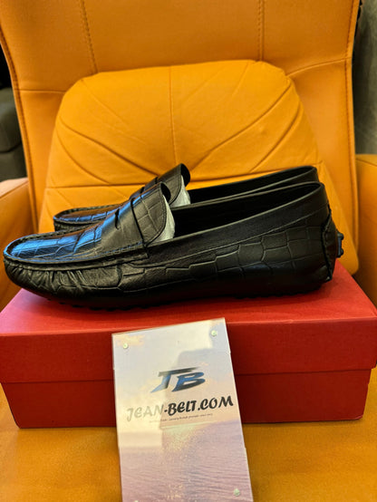 Salvatore Ferragamo men's black leather penny loafers with croc embossed design