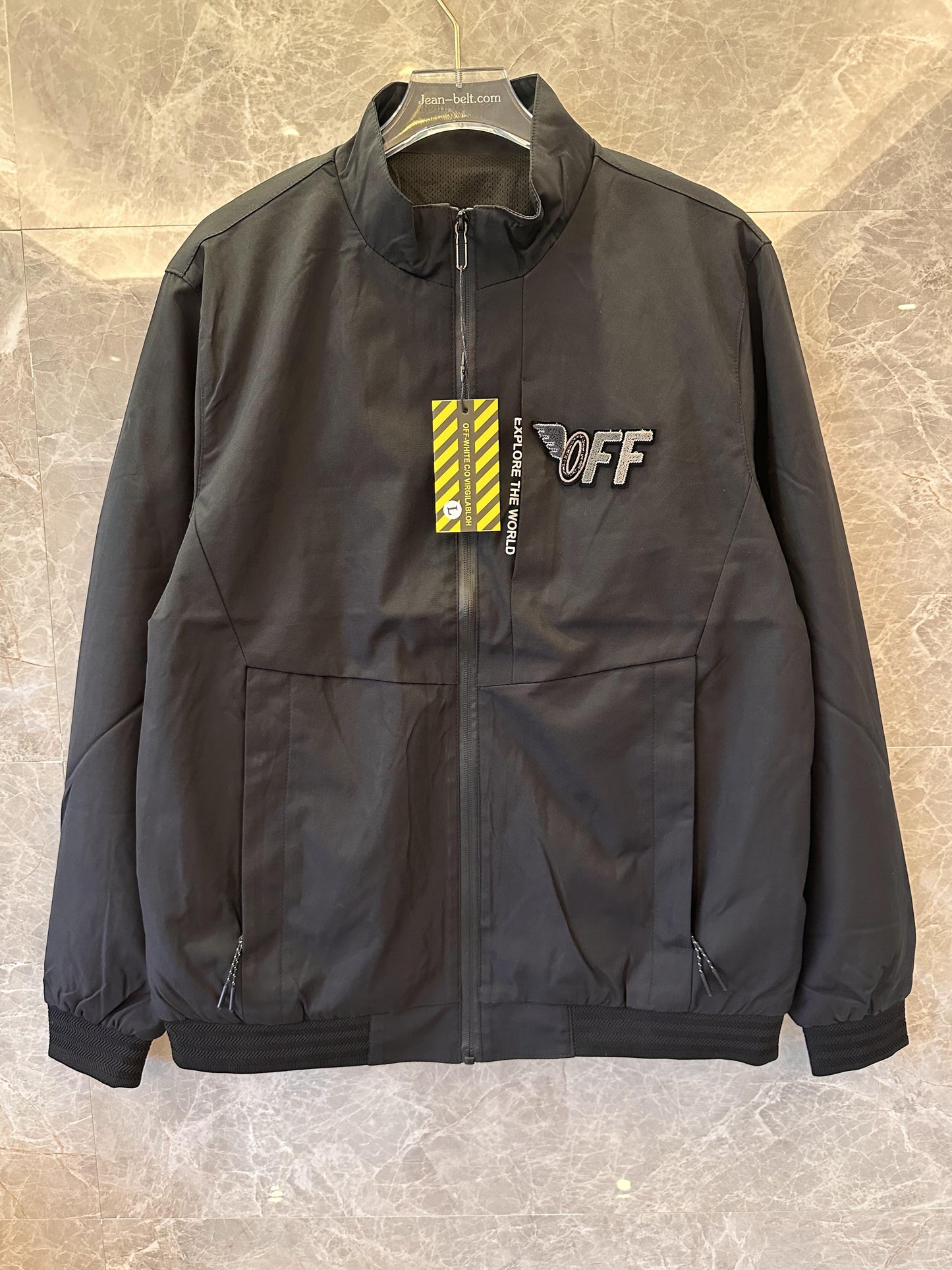 Off-White black jacket with "Explore the World" embroidery