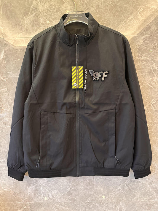 Off-White black jacket with "Explore the World" embroidery