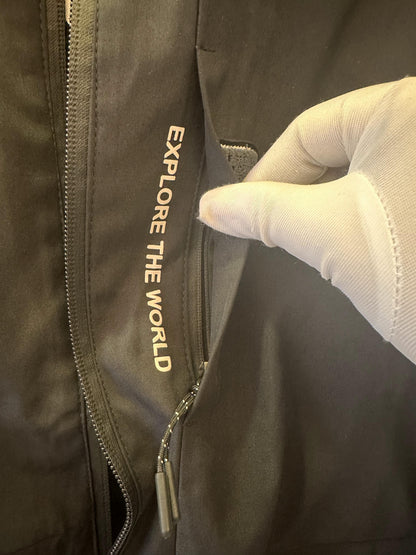 Off-White black jacket with "Explore the World" embroidery