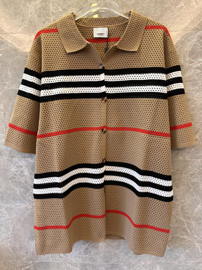 Burberry Camel Striped Knit Polo Shirt