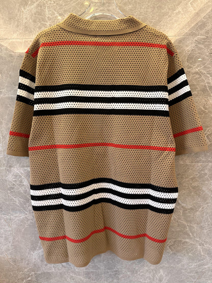 Burberry Camel Striped Knit Polo Shirt