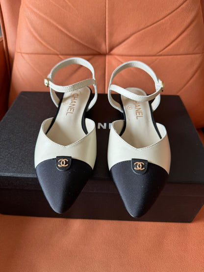 Chanel Mary Jane White Leather Cap Toe Flats Shoes