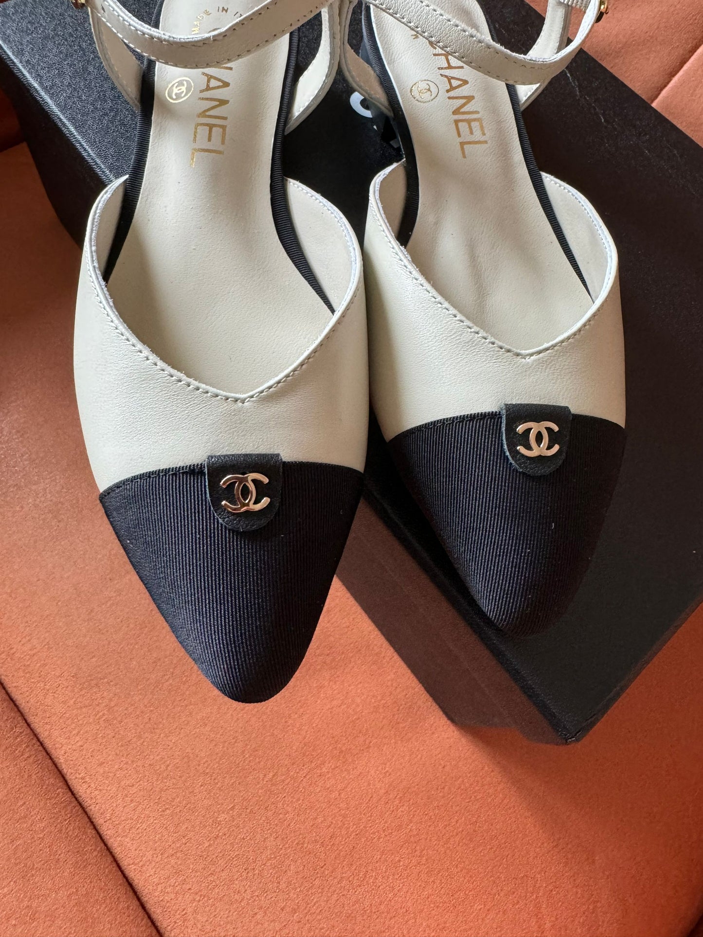 Chanel Mary Jane White Leather Cap Toe Flats Shoes