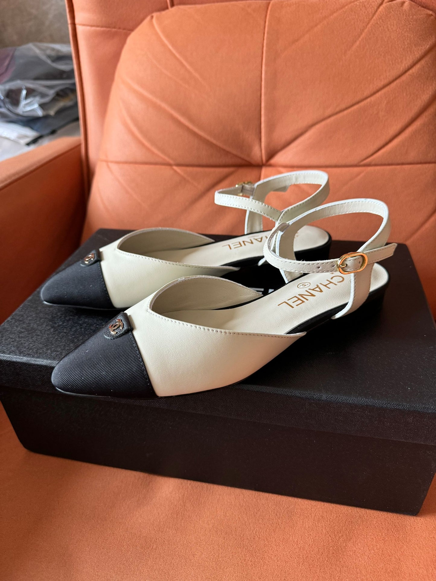 Chanel Mary Jane White Leather Cap Toe Flats Shoes
