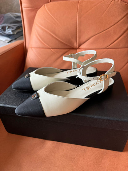 Chanel Mary Jane White Leather Cap Toe Flats Shoes