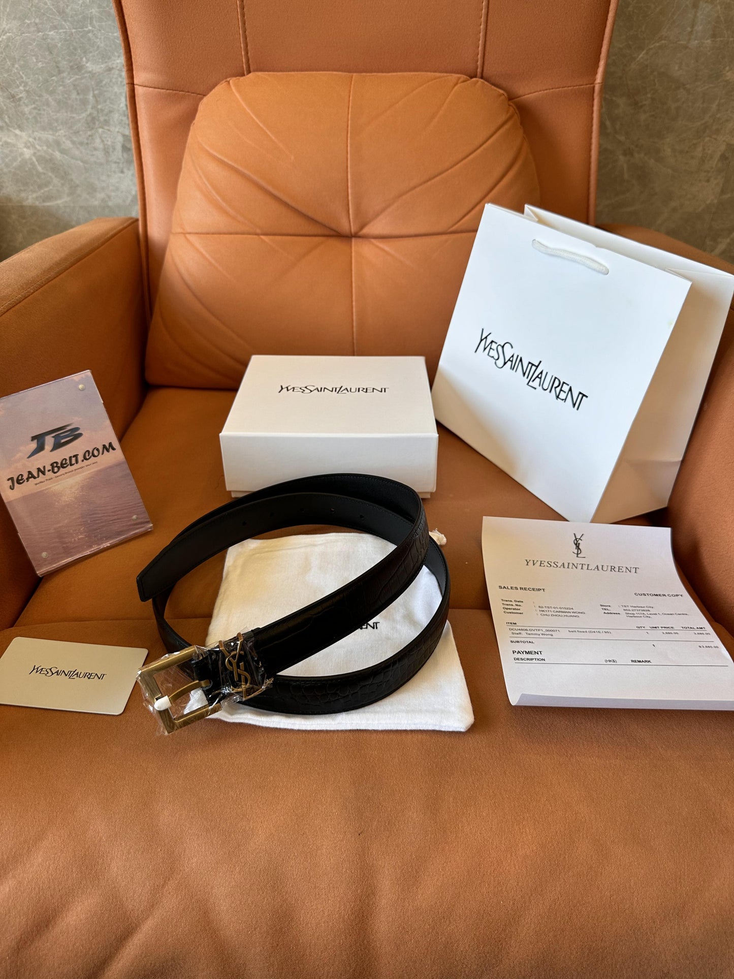 Saint Laurent crocodile-embossed leather belt with gold YSL buckle