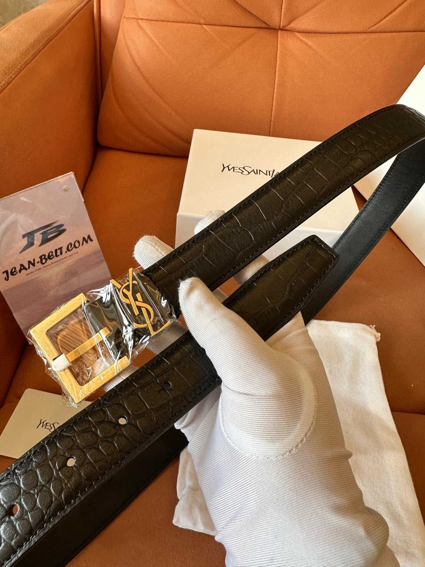 Saint Laurent crocodile-embossed leather belt with gold YSL buckle