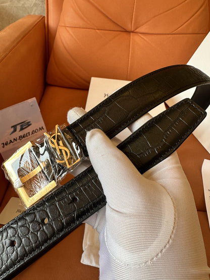 Saint Laurent crocodile-embossed leather belt with gold YSL buckle