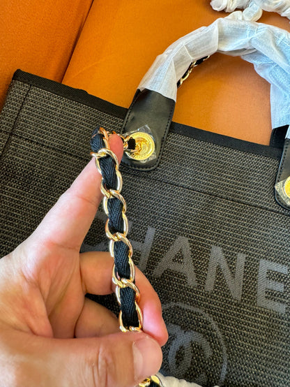 Mala de Compras Grande Chanel Deauville em Tweed/Pele Preta