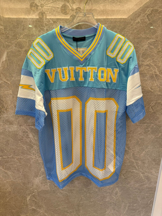 Jersey de malla azul y amarillo estilo vintage de Louis Vuitton con el número "00"