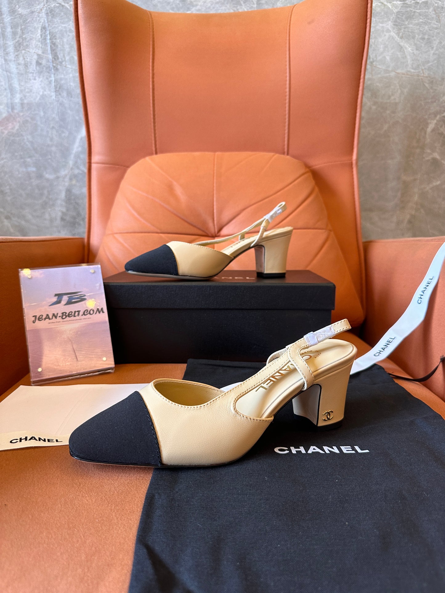 Chanel Lambskin Grosgrain Cap Toe CC Slingback Pumps Beige Black