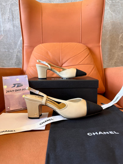 Chanel Lambskin Grosgrain Cap Toe CC Slingback Pumps Beige Black