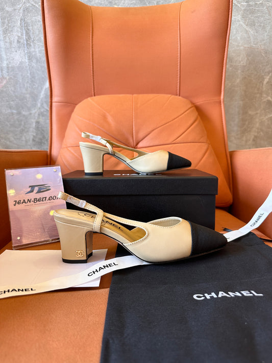 Chanel Lambskin Grosgrain Cap Toe CC Slingback Pumps Beige Black