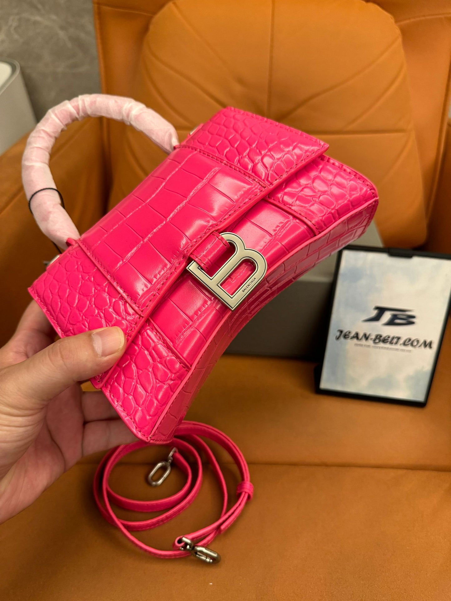 Balenciaga Hourglass Top Handle Bag in Crocodile Embossed Pink Leather