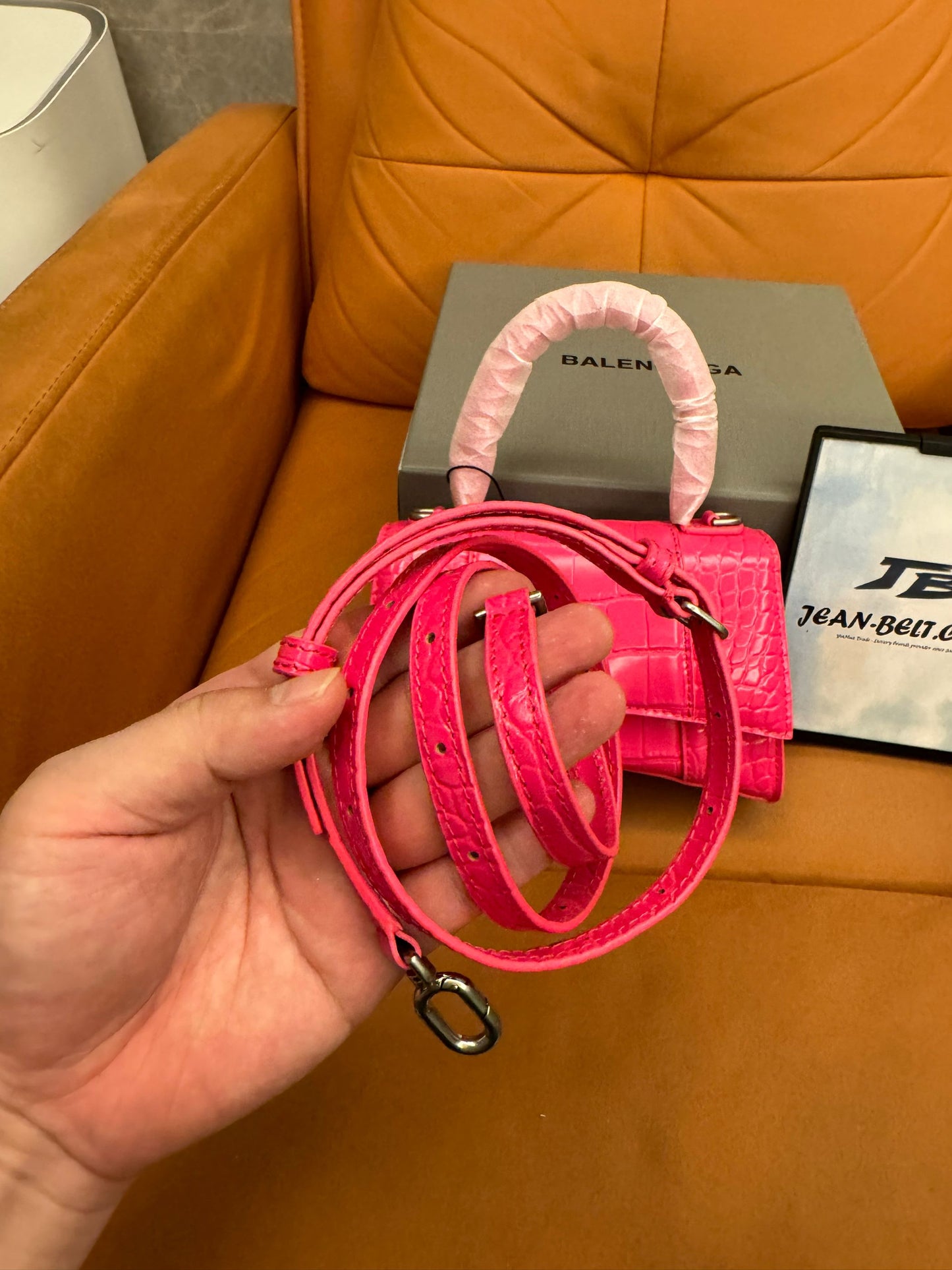 Balenciaga Hourglass Top Handle Bag in Crocodile Embossed Pink Leather