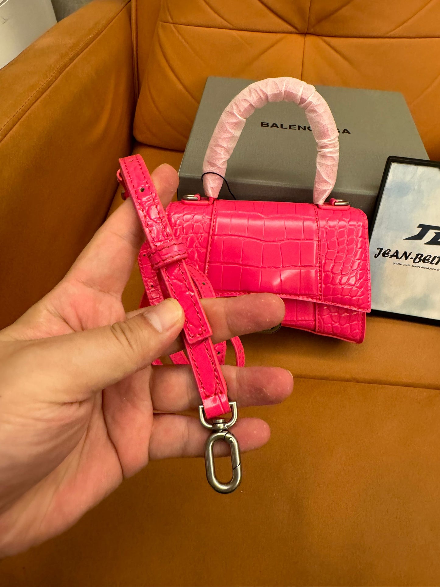 Balenciaga Hourglass Top Handle Bag in Crocodile Embossed Pink Leather